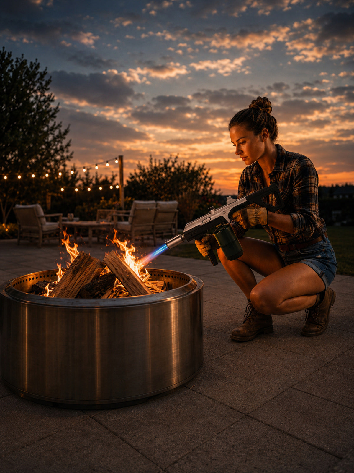 PH002 long-body outdoor torch used at a fire pit