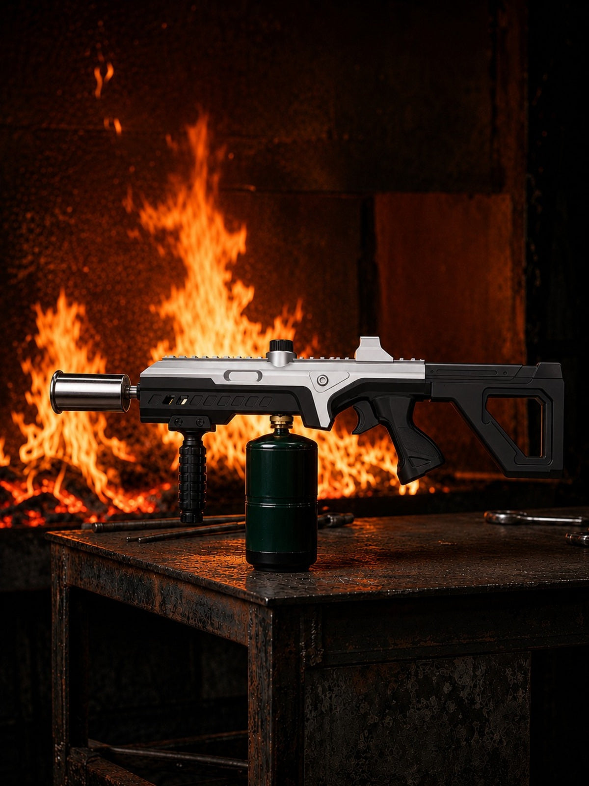 PH002 outdoor torch displayed beside a fire