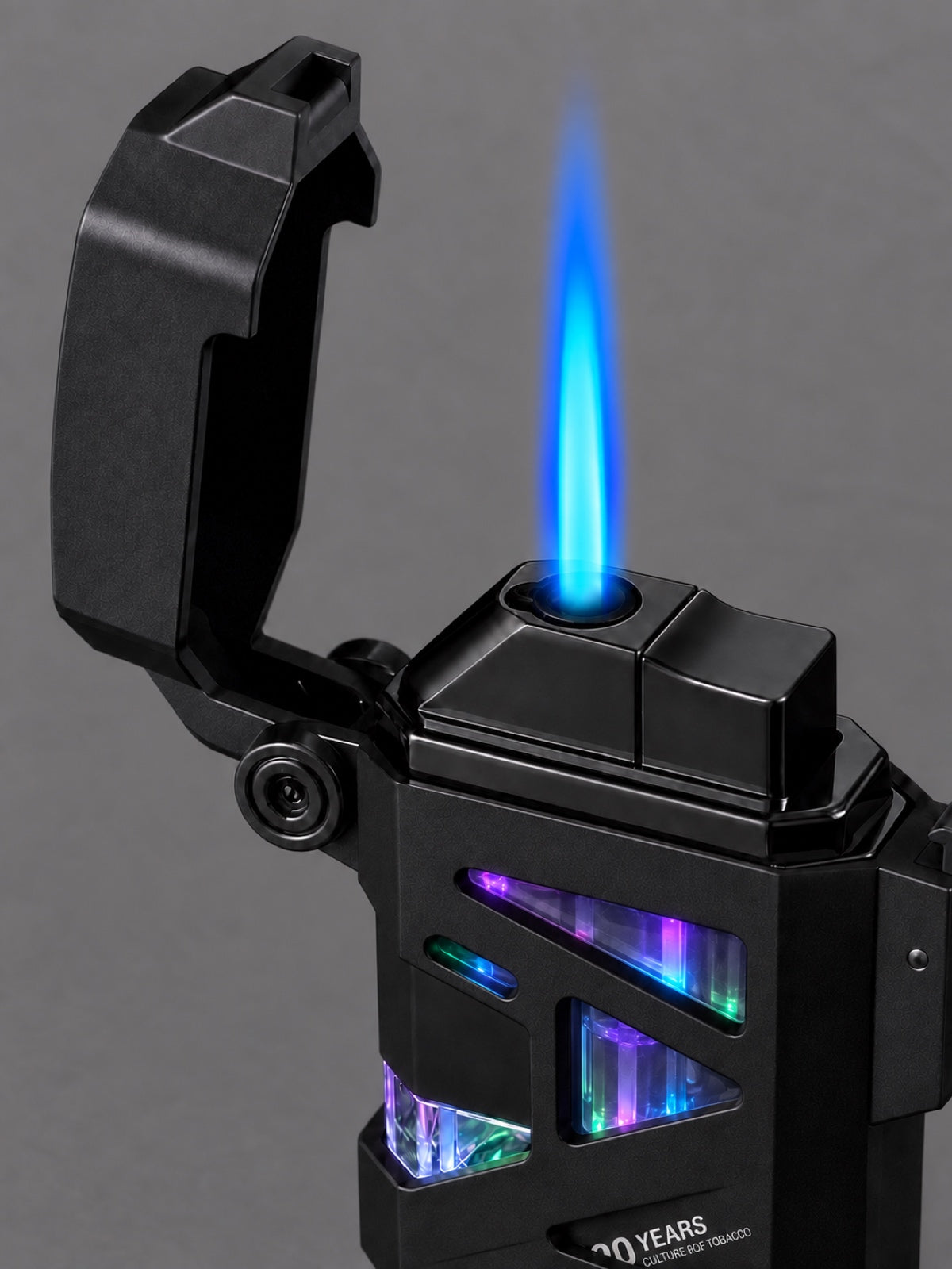 Close view of the F136 flame mechanism with multicolor LED lighting