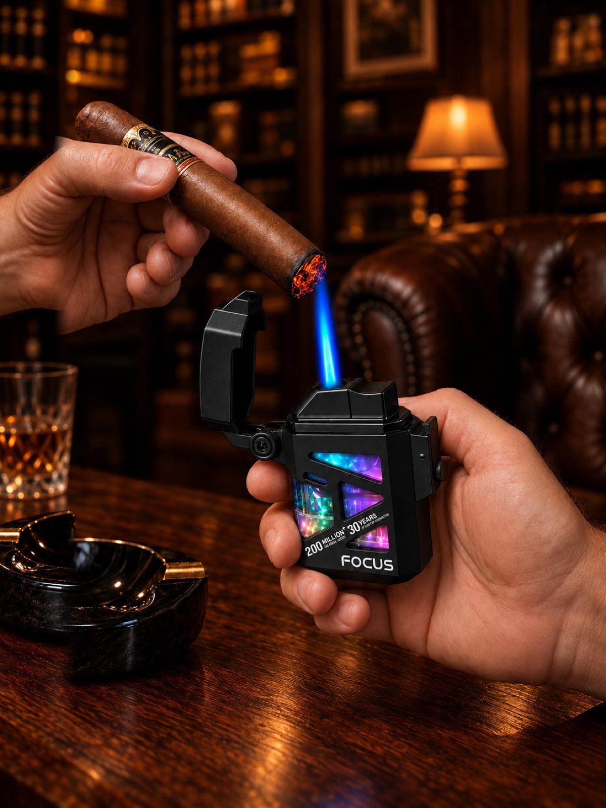 F136 with a blue flame and multicolor LED lighting while lighting a cigar