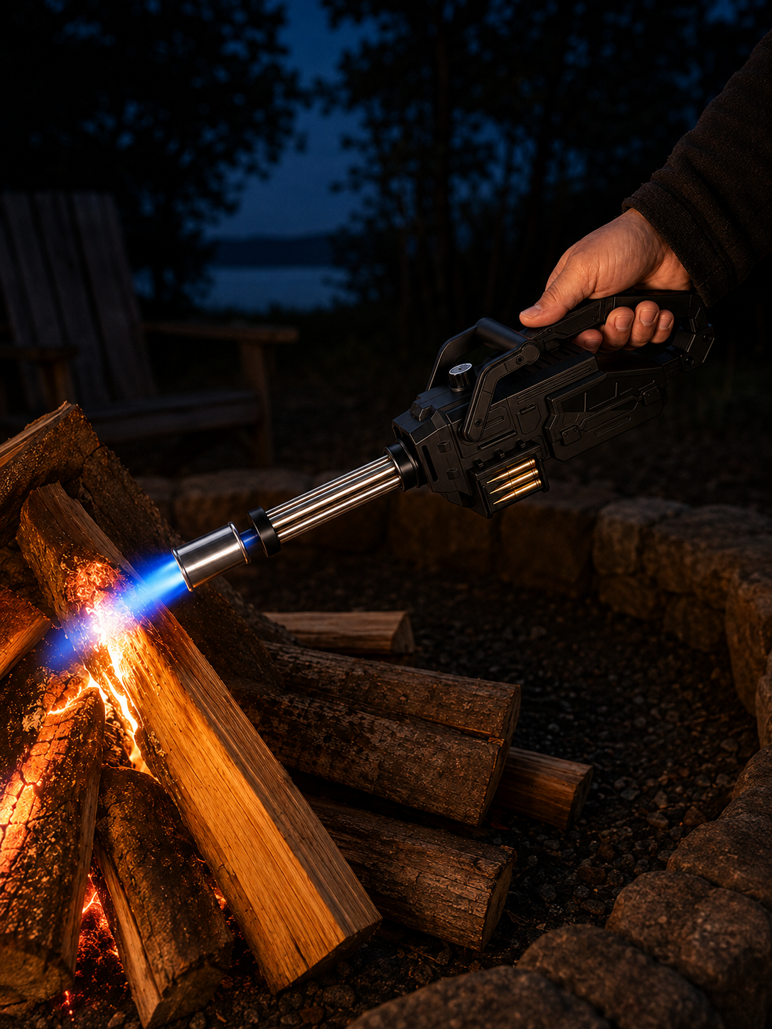 Close view of a black PH003 torch producing a blue flame at a campfire