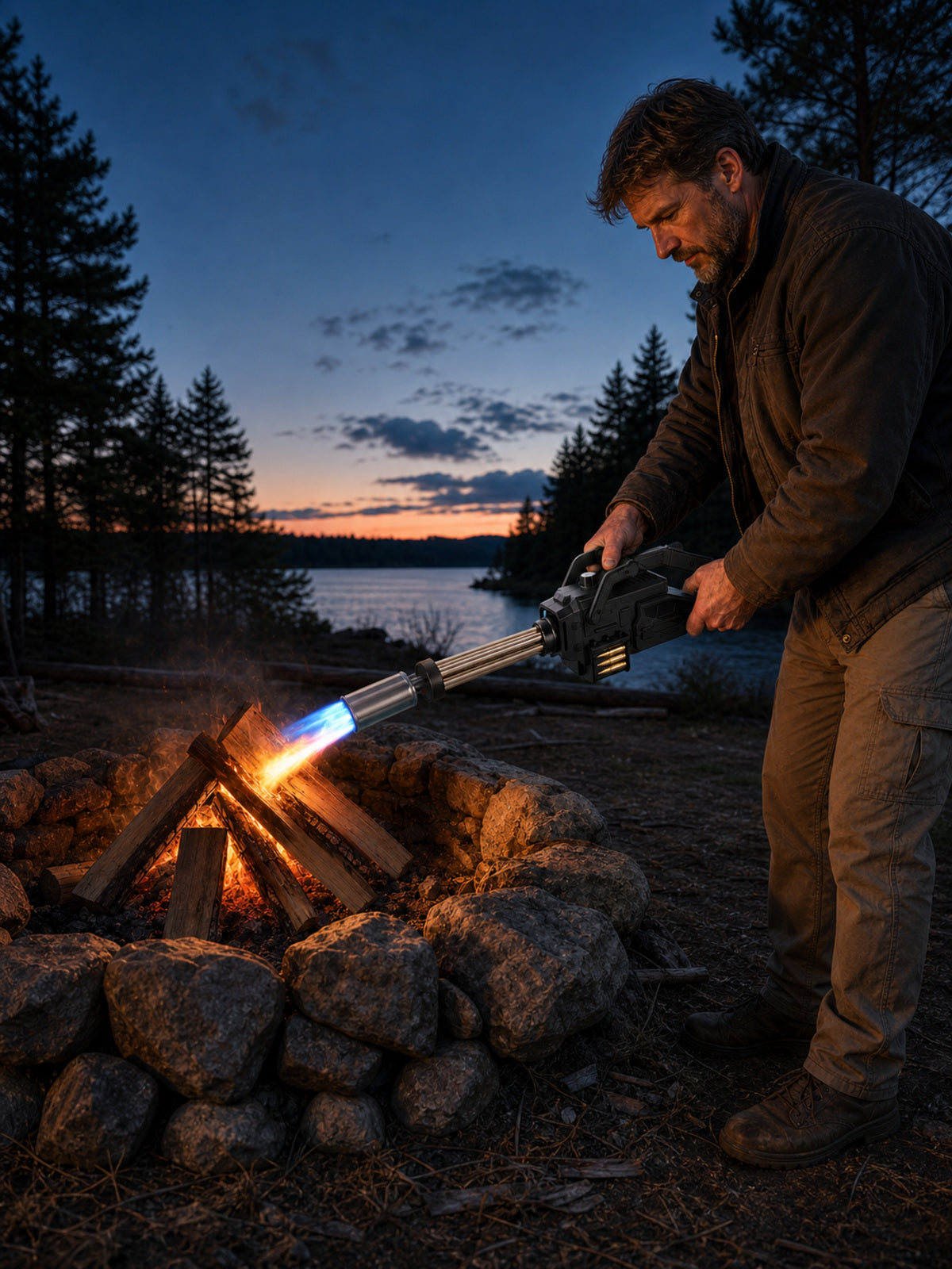 Person using a black PH003 torch to light a campfire outdoors