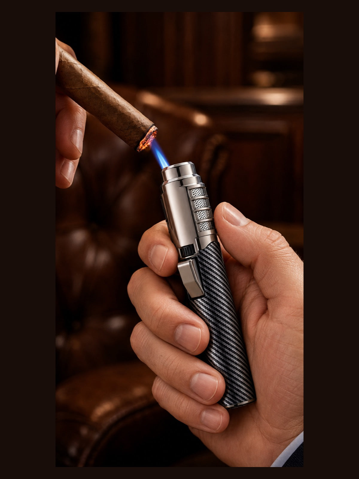 SG006 torch fully visible while lighting a cigar
