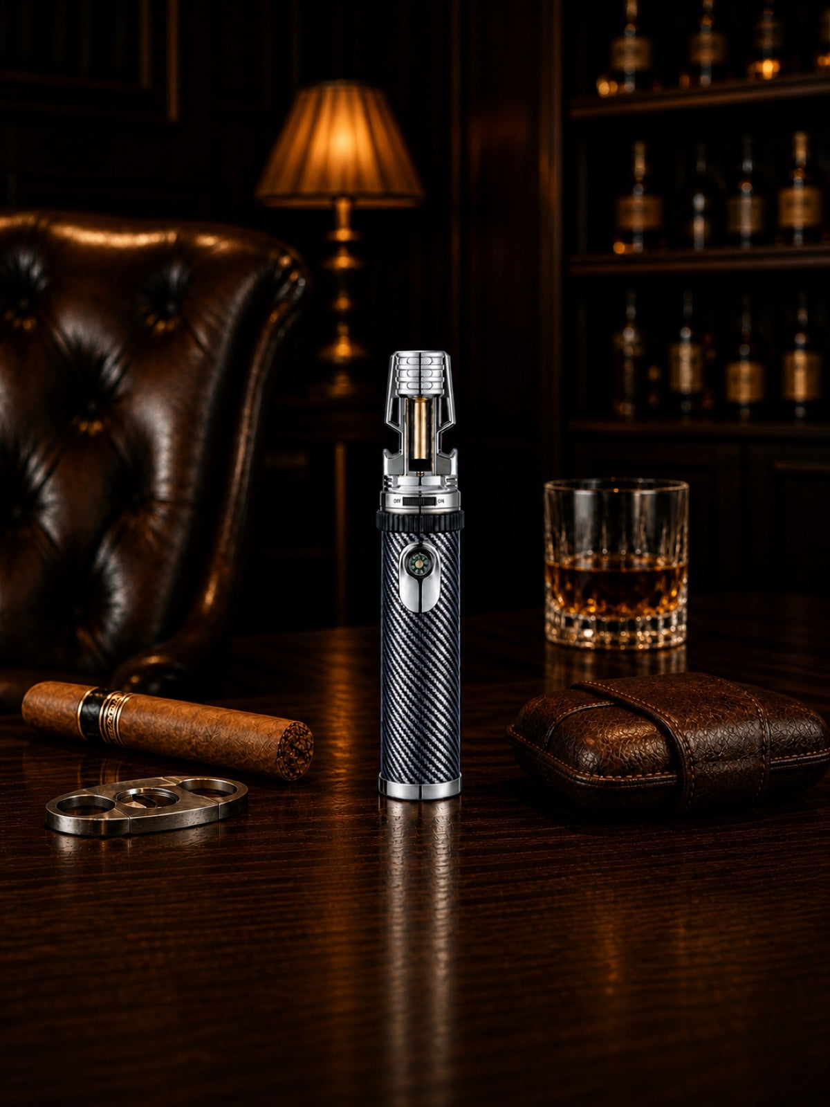 SG027 silver torch displayed in a premium cigar lounge setting