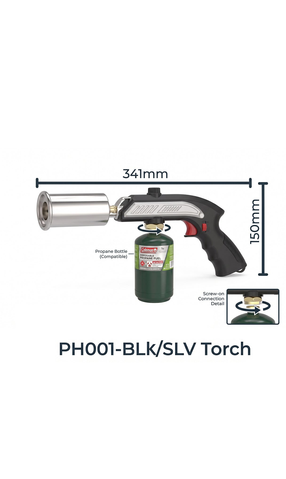 Focus PH001 Heavy-Duty Stainless Steel Propane Torch for Campfires & Grills (Black/Silver)
