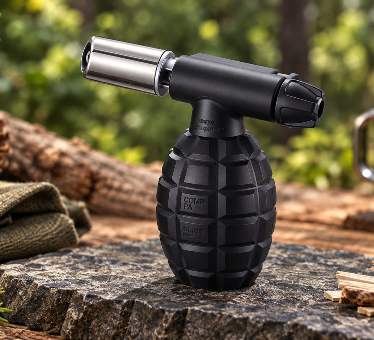 FOCUS SG039 Pineapple Grenade Torch resting on a rock in a forest camp setting