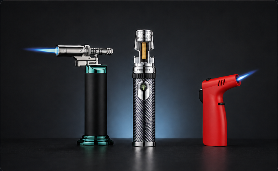 Three FOCUS lighter styles displayed on a dark product stage
