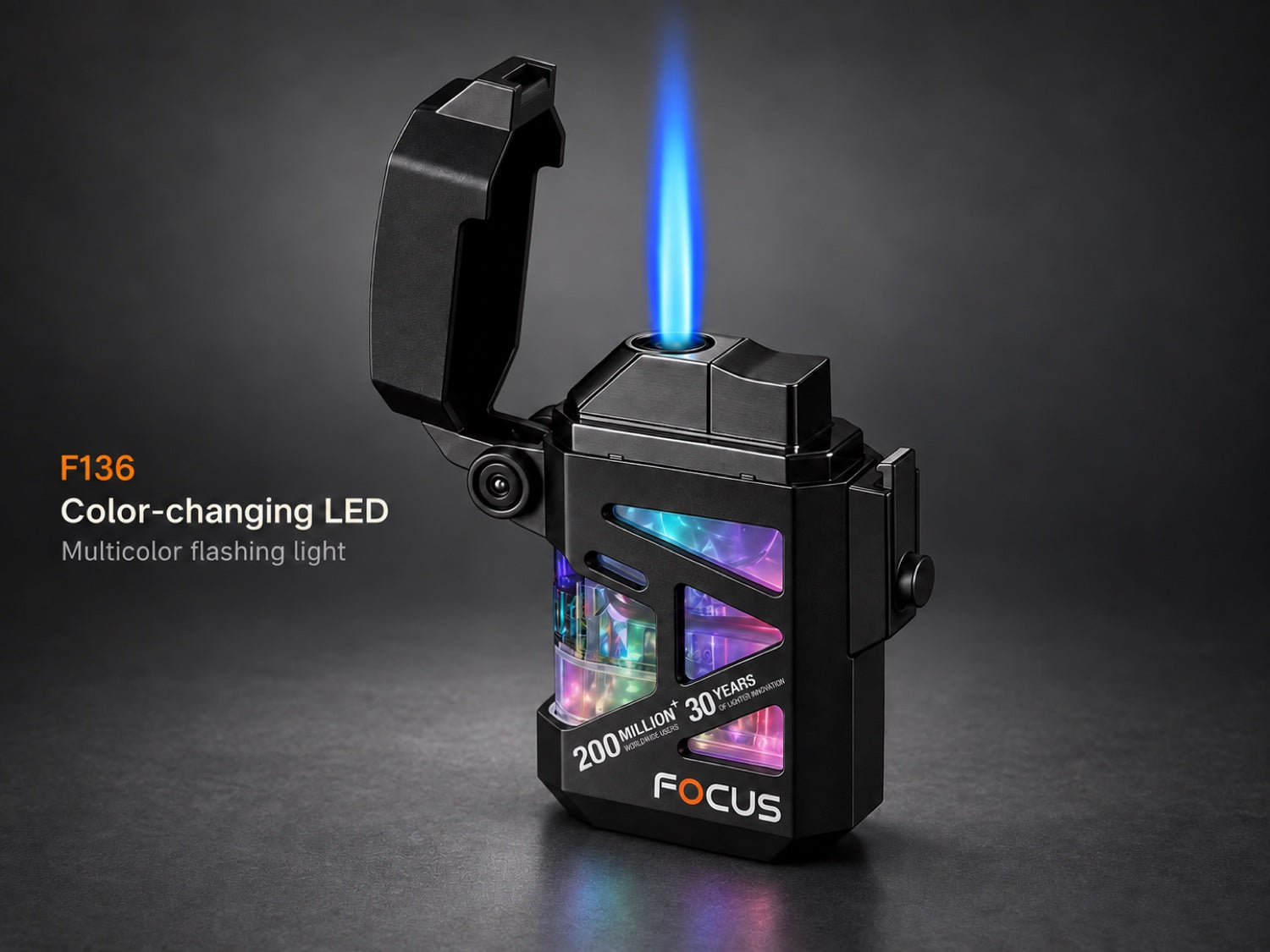 FOCUS F136 Matte Black flip-top metal lighter with blue flame and multicolor LED lighting
