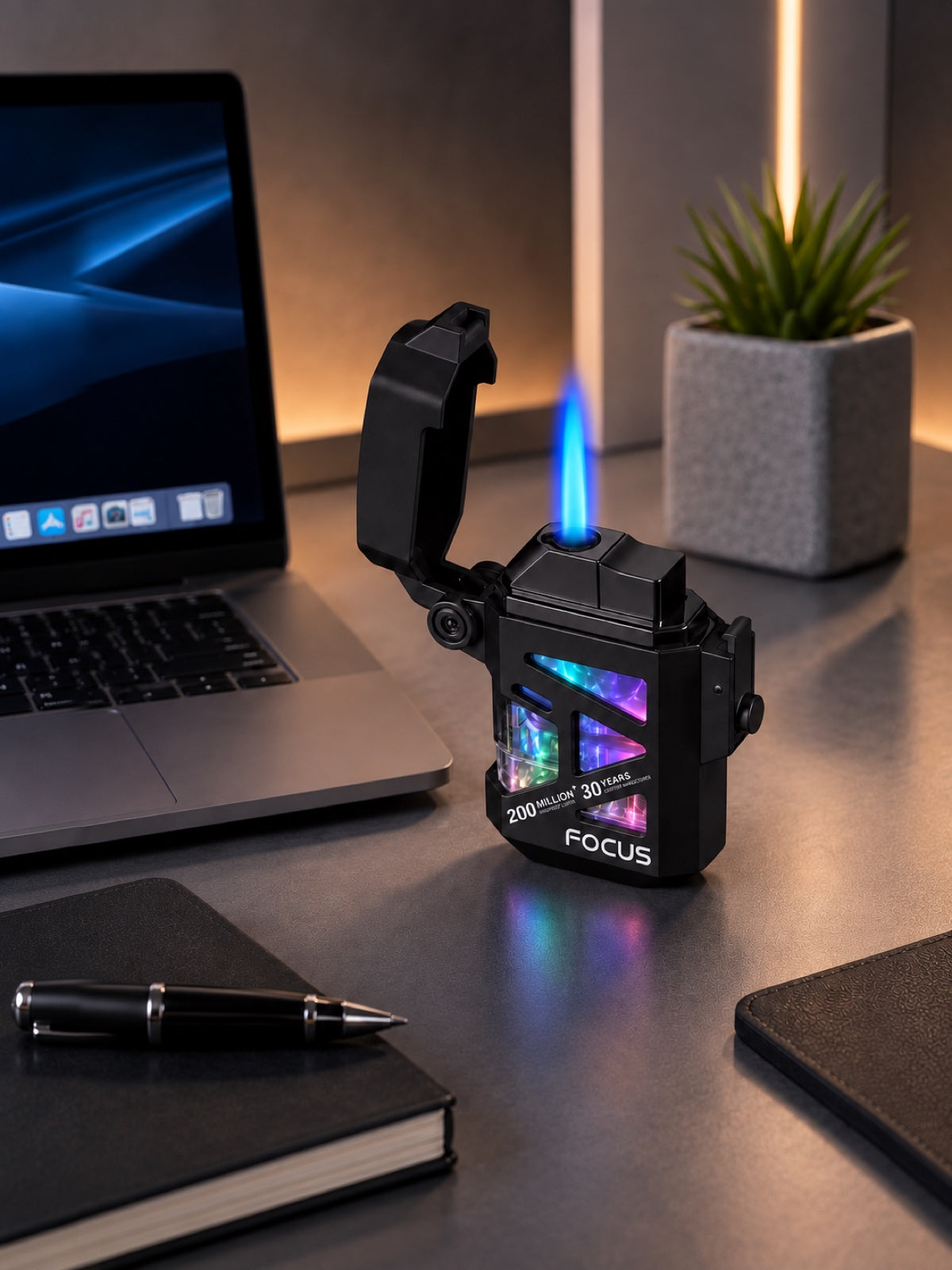 F136 with a blue flame and multicolor LED lighting on a desktop