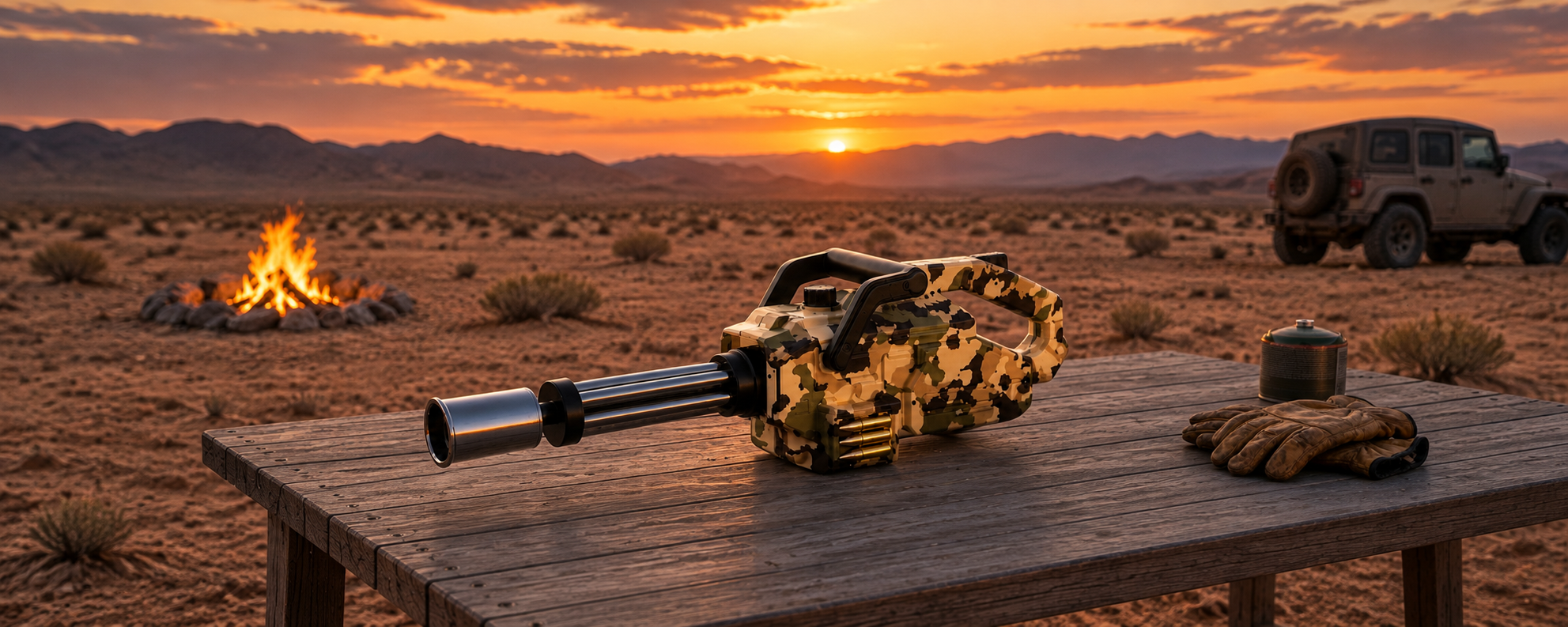 FOCUS PH003 Yellow Camo long-body outdoor torch on a wooden table at sunset