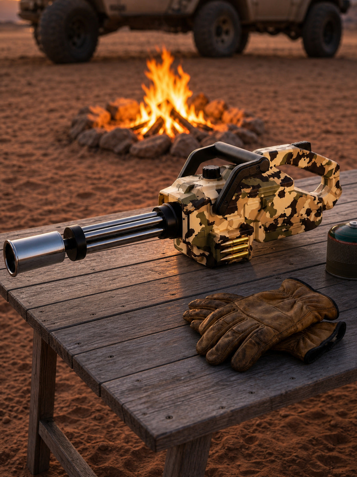 Yellow Camo PH003 torch on an outdoor table beside a campfire
