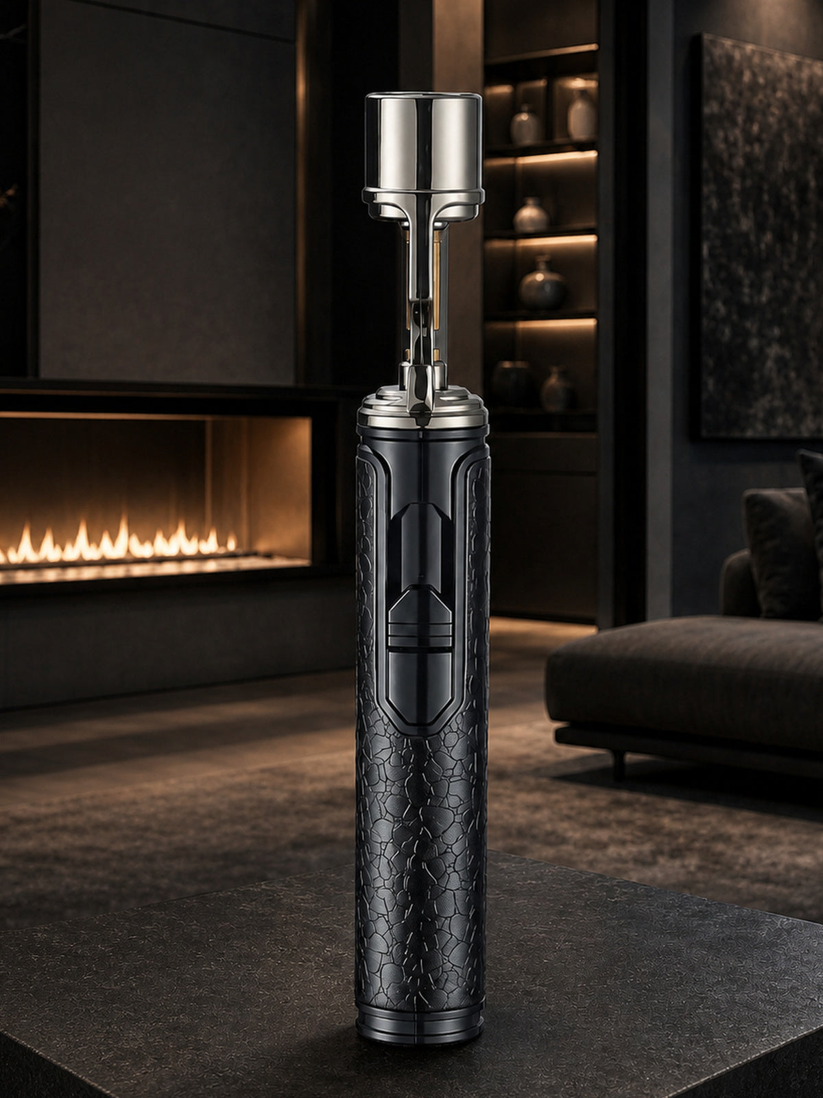 SG017 black cylindrical torch displayed upright in a premium lounge