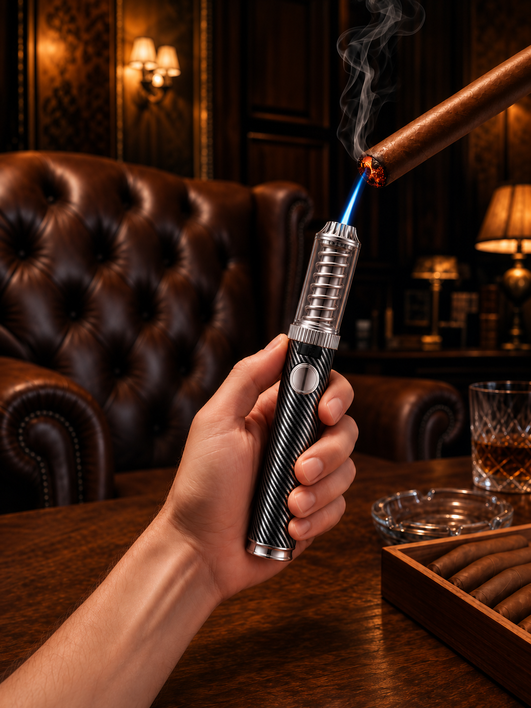 SG019 lighting a cigar in a lounge setting