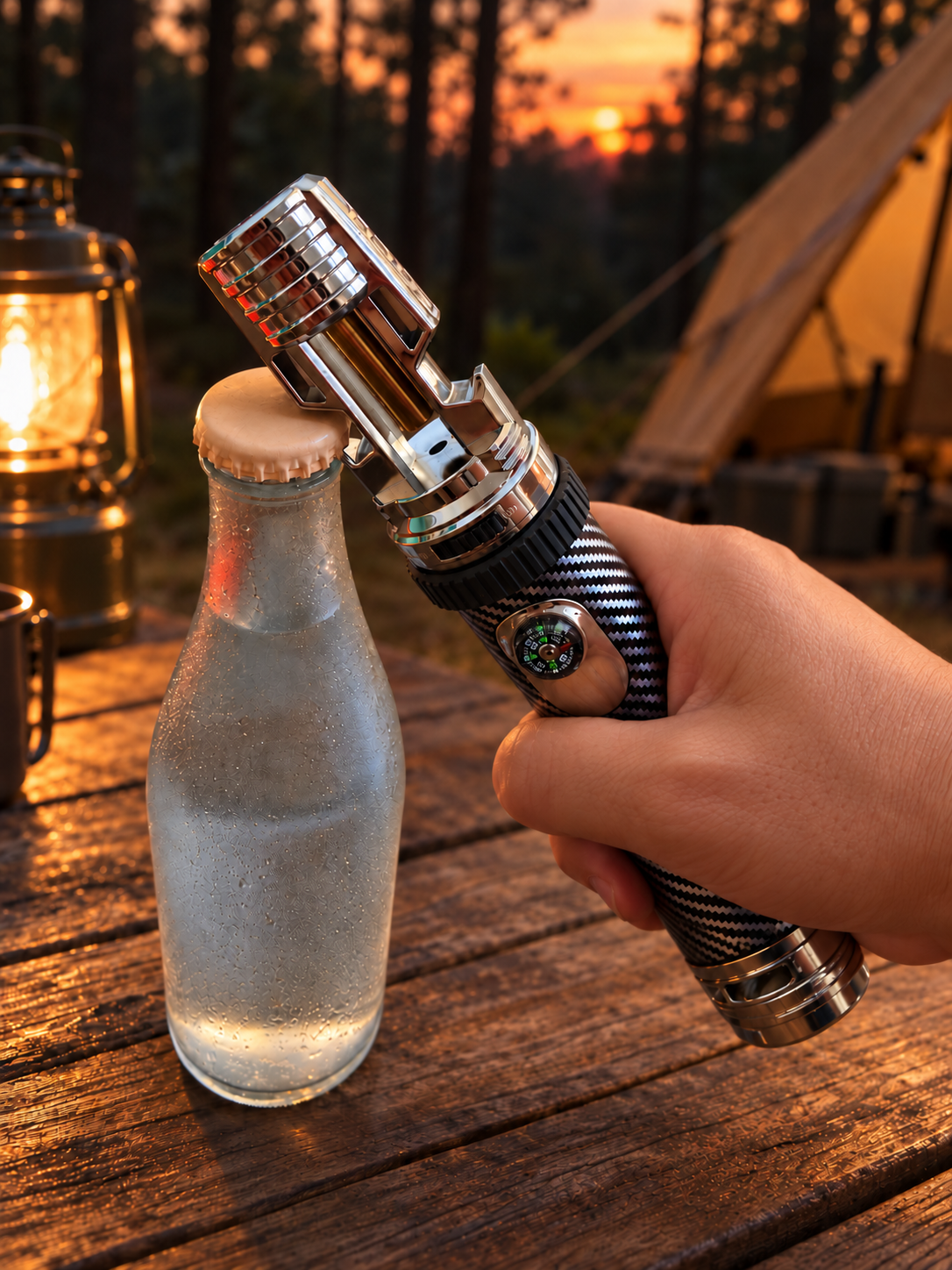 SG027 bottle opener lifting a bottle cap at an outdoor campsite