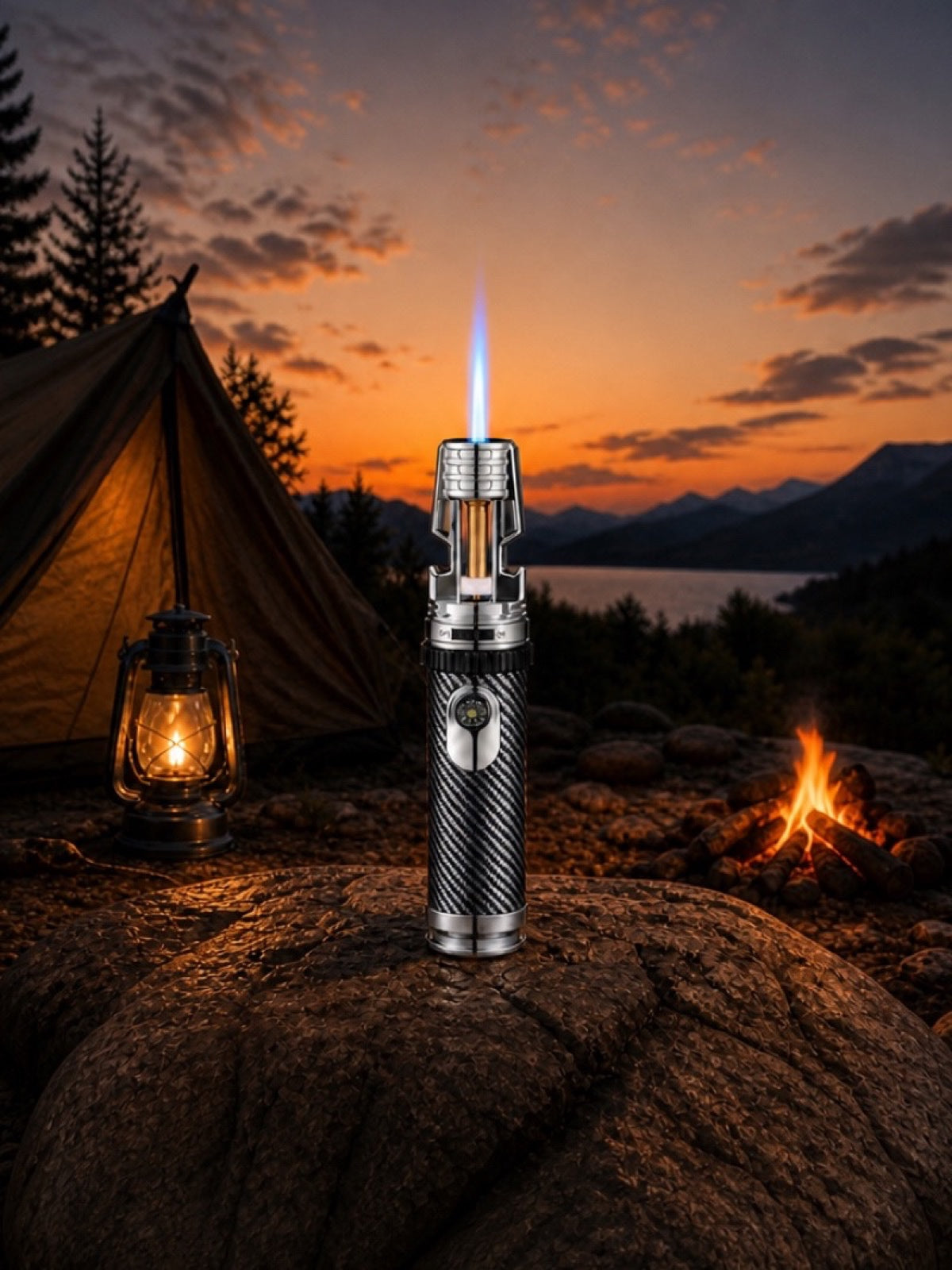 SG027 silver torch producing a focused blue flame at an outdoor campsite