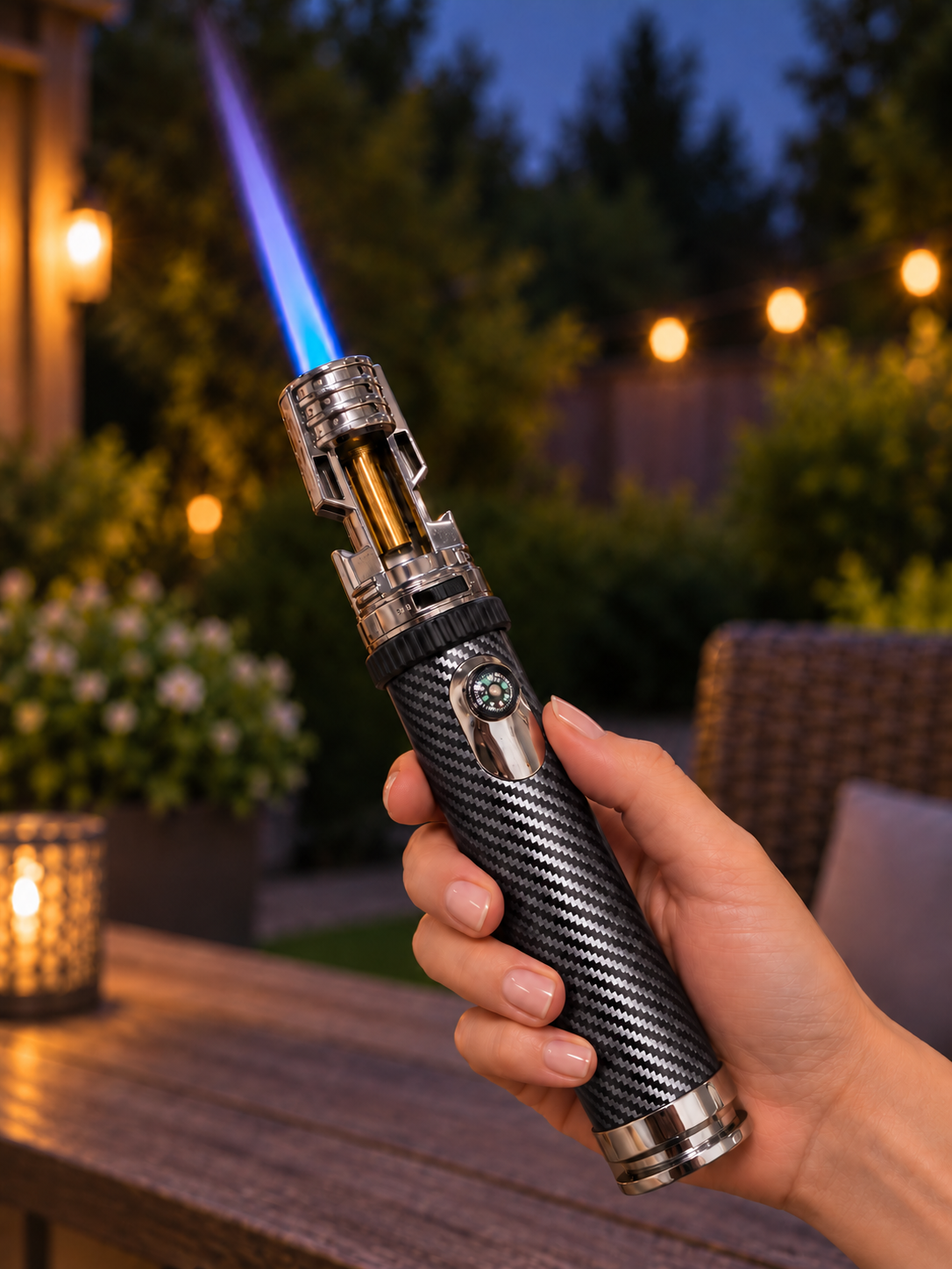 Silver finish SG027 held upright with a visible flame in a courtyard