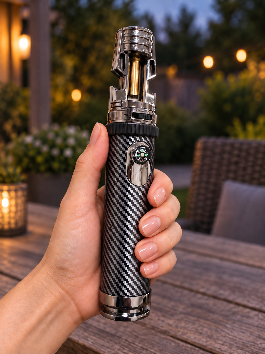 Silver finish SG027 shown upright in hand in a courtyard