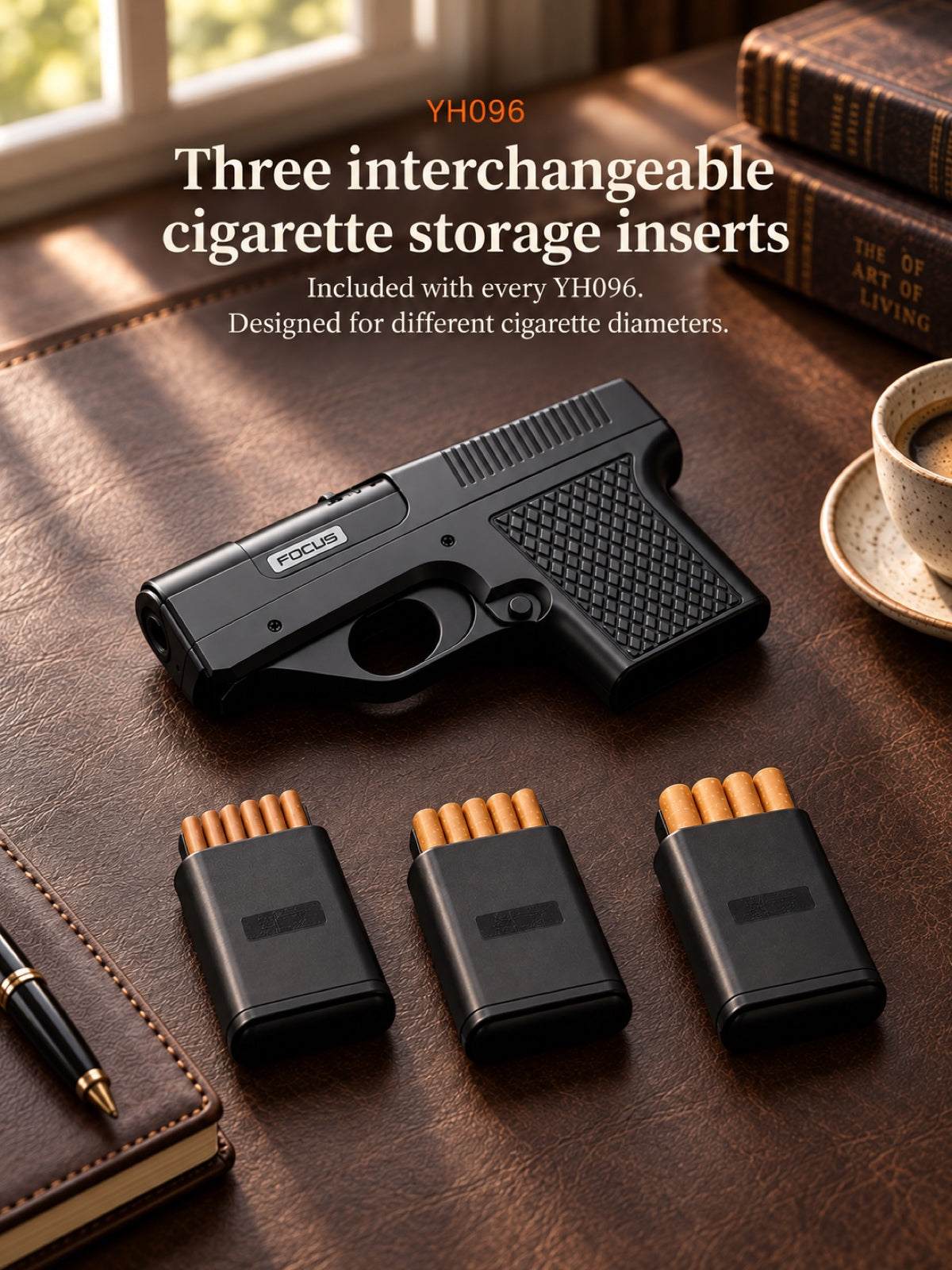 YH096 with three interchangeable cigarette storage inserts in a desktop setting